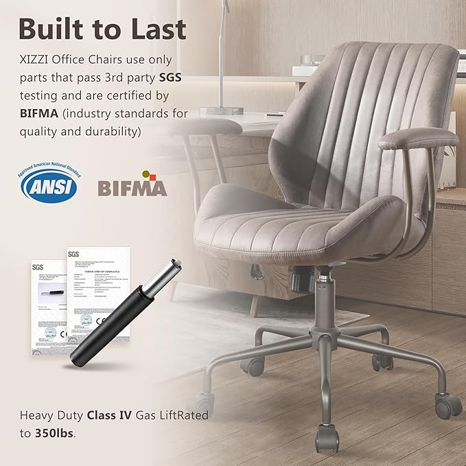 Mid Century Modren Office Chair - Mid Back Swivel Executive Chair with Lumbar Support,Ergonomic Computer Desk Chair with Wheels,Faux Lether Suede Task Chair,350lbs (Grey, Mid Back)-DeskLoop Office