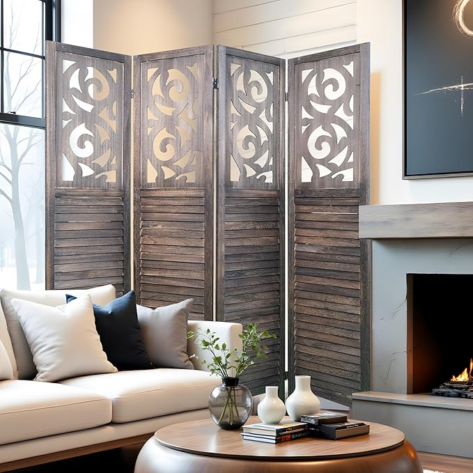 Room Divider, 5.6FT Folding Room Divider Panel, 4 Panel Craved Wood Partition Wall Divider for Room Separation, Rustic Brown-DeskLoop Office