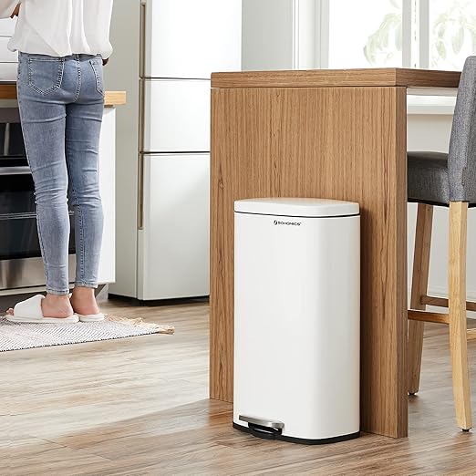 SONGMICS Trash Can with Lid, 8 Gallon Garbage Can, Stainless Steel Small Waste Bin with Step Pedal and Inner Bucket, Soft Close, Kitchen, White ULTB102W01-DeskLoop Office