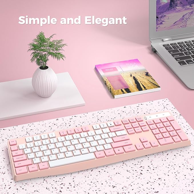 Lovaky Wireless Keyboard, 2.4G Ergonomic Wireless Computer Keyboard, Enlarged Indicator Light, Full Size PC Keyboard with Numeric Keypad for Laptop, Desktop, Surface, Chromebook, Notebook,PinkWhite-DeskLoop Office