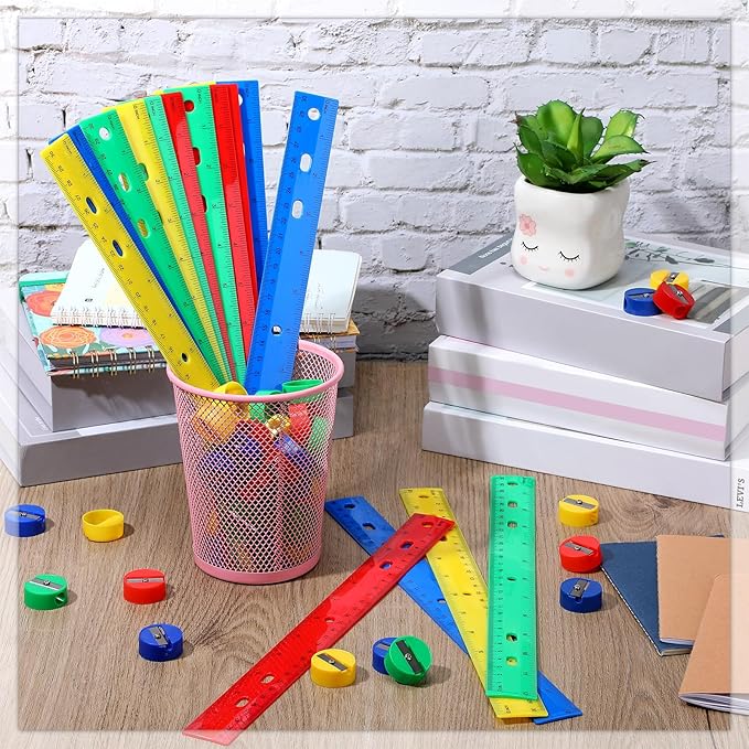 100 Pcs Plastic Rulers and 100 Pcs Mini Round Manual Pencil Sharpener Bulk, 4 Assorted Colors Pocket Sized Pencil Sharpeners Colorful Straight Ruler Back to School Supplies for Kids (Fresh,12 Inch)-DeskLoop Office