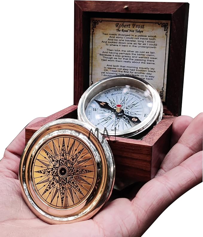 Antiqued Brass Robert Frost Poem Compass with Wooden Box, Inspirational Gifts for Woman, Aniversity Gifts for Men,Engraved Compass,Wedding for Boys, Pocket Compass for Hiking Survival-DeskLoop Office