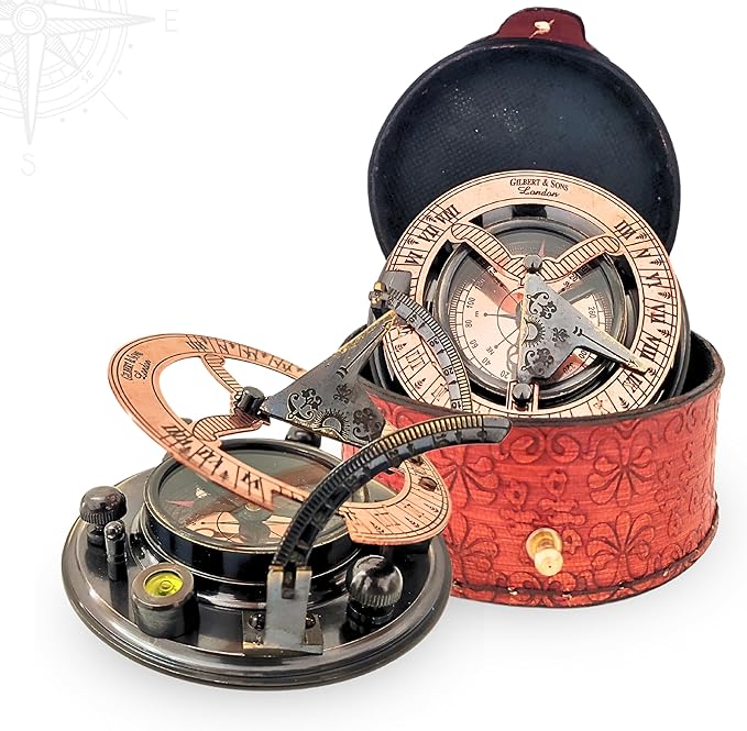 Antique Brass & Copper Sundial Compass, Sundial Clock in Box Gift Sun Clock Ship Replica Watch, Nautical Gifts for Men, Unique Nautical Decor, Naval Maritime Sundial (#5 Antique Gilbert)-DeskLoop Office