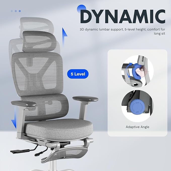 FLEXISPOT ErgoX Premium Ergonomic Office Chair with Footrest- Adjustable 3D Armrests, Dynamic Lumbar Support, Recline & Tilt Function, Mesh Seat, for Home & Office Use,Foam Grey-DeskLoop Office