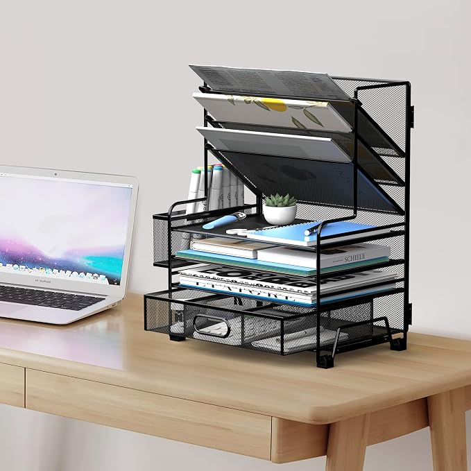 MINDEPOT 4-Tier Paper Organizer + 3-Pocket File Holder + Drawer + Pen Holders - Image 6