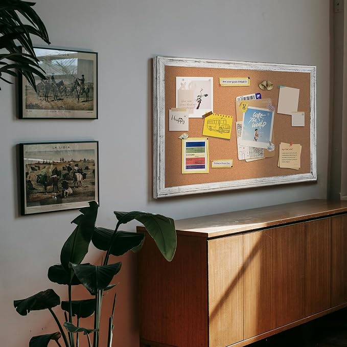 Large Cork Bulletin Board, Rustic White Wooden Frame | Corkboard - Image 8