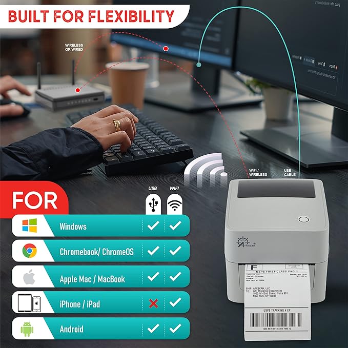 2054K-WF Mini WiFi Wireless Shipping Label Printer for iPhone Windows Mac Chromebook Android Support Amazon Ebay Paypal Shopify Shipstation UPS USPS FedEx Fanfold Direct Label-DeskLoop Office