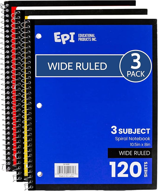 EPI Spiral Notebook | 3 Subject - Wide Ruled - 120 Sheets, Durable Spiral Binding | 10.5 x 8 in | Classroom Supplies | School, Office, Note Taking, Journaling - 3 Pack-DeskLoop Office