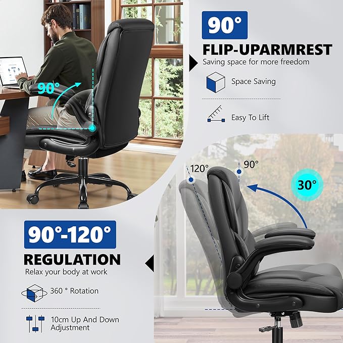 PU Leather Executive Office Chair, Ergonomic High-Back Computer & Gaming Chair with Adjustable Height, Rolling Swivel & Flip-Up Armrests, Comfy Padded Seat for Home Office-Black-DeskLoop Office