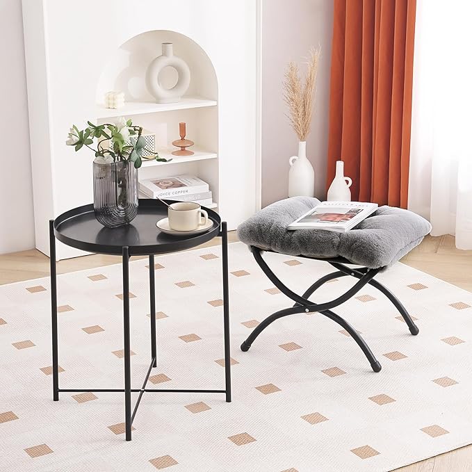 LITA Folding Upholstered Footrest Stool, Modern Small Portable Accent Ottoman with Detachable Thick Cotton Cushion Padded Sofa Stool with Metal Frame for Lazy Chair, Living Room & Bedroom, Plush Grey-DeskLoop Office