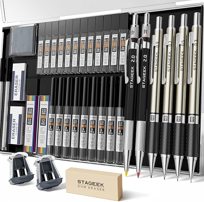 37PCS Art Mechanical Pencil Set, Drafting Pencil 5 Sizes- 0.3, 0.5, 0.7, 0.9MM & 2PCS 2.0MM Mechanical Drawing Pencils with 492PCS Leads (6B 4B 2B HB 2H 4H Color) for Artist Sketching Drawing-DeskLoop Office