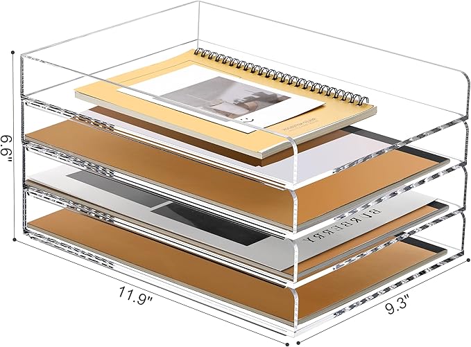 SANRUI 4 Tier Stackable Paper Letter Tray, Acrylic Vertical File Tray A4 Desk Organizer and Accessories Sorter Trays, Clear Workspace Office Supplies Organizers,12inx9.25inx6.6in-DeskLoop Office