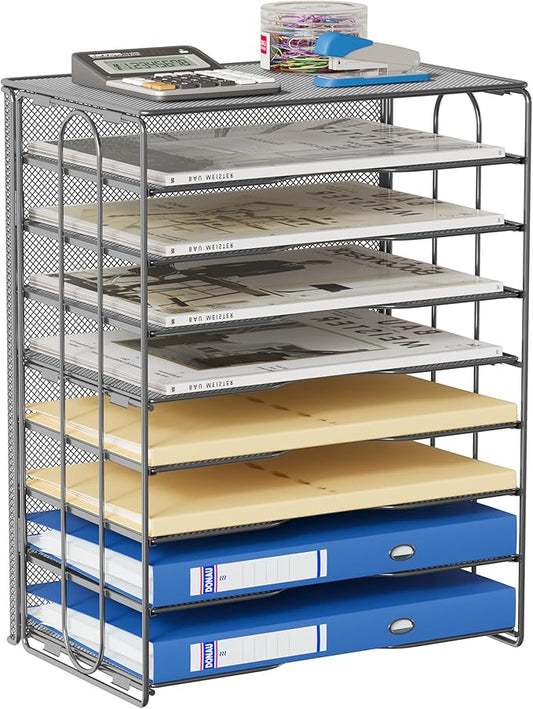 EasyPAG Mesh Desk Filer Organizer Tray 8 Slot Office Desk Paper Storage Organizer for A4 / Letter Sizer Floder, Silver-DeskLoop Office