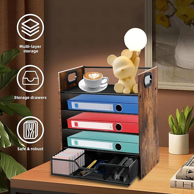 Wood Desk Organizer - 5-Tier Desktop File Organizer with Drawer, Wooden Paper Tray, Office Desk Organzier and Accessories for Papers, Mail, Notebooks, Stationery-DeskLoop Office
