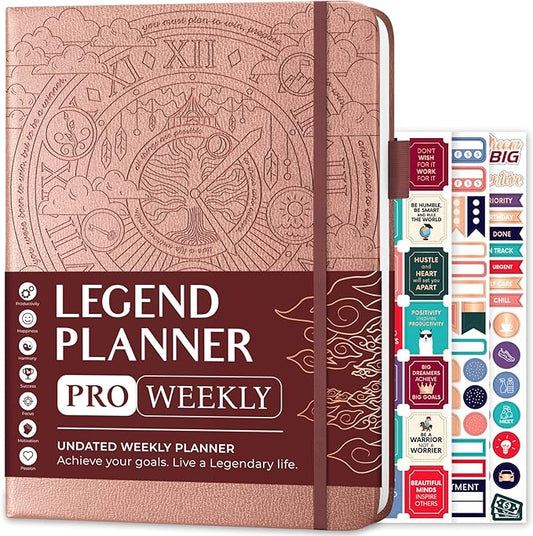 Legend Planner PRO – Deluxe Weekly & Monthly Life Planner to Increase Productivity and Hit Your Goals. Time Management Organizer Notebook – Undated – 7 x 10" Hardcover + Stickers – Rose Gold-DeskLoop Office