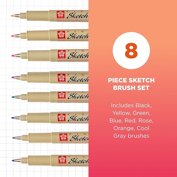 SAKURA Pigma Sketch Brush - Archival Ink Sketching Pens - Art Pens for Calligraphy, Hand Lettering & Writing - Assorted Archival Colors - 8 Pack-DeskLoop Office