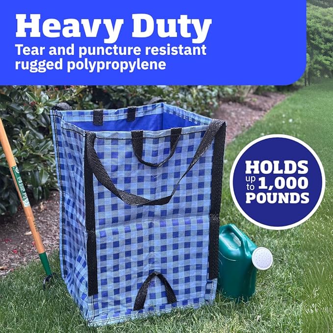 DURASACK Heavy Duty Home and Yard Bags 48-Gallon Reusable Self-Standing Lawn and Leaf Bags Garbage Can with Reinforced Handles, Gingham Blue, 3 Pack-DeskLoop Office