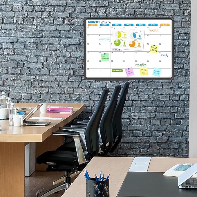 JILoffice Dry Erase Calendar Whiteboard - Magnetic White Board Calendar Monthly 24 X 18 Inch, Black Aluminium Frame Wall Mounted Board for Office Home and School-DeskLoop Office