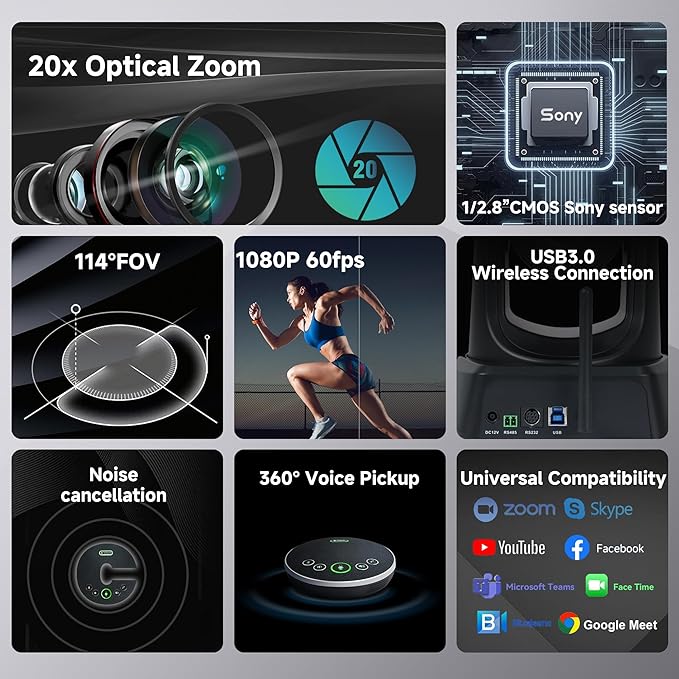 Wireless Conference Room Webcam, Church Live Streaming 20X USB 1080P 60fps PTZ Camera for Worship Services Online Conference, Works with Zoom, Skype OBS Easy to Set Up-DeskLoop Office