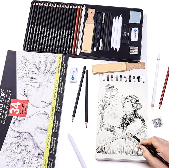 Drawing Sketching Pencils Set, 34 Pieces Pro Art Pencil Kit - Graphite Pencils (14B-4H), Charcoal Pencils, Charcoal Sticks, Artist Pencils for Beginners & Pro Artists-DeskLoop Office