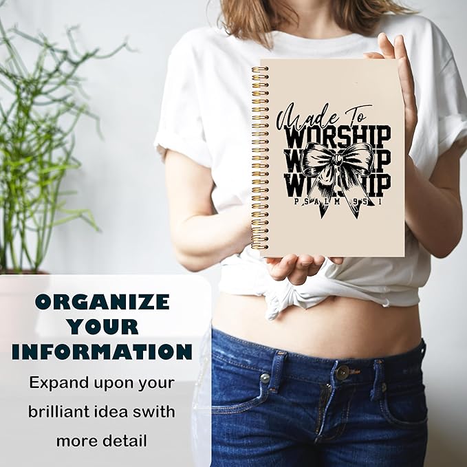 BearCake Christian Coquette Bow Notebook Journal, Made to Worship Prayer Journal for Women, Preppy Christian Gifts for Women, Bible Journaling Neutral Hardcover Spiral Notebook 5.5x8.3-DeskLoop Office