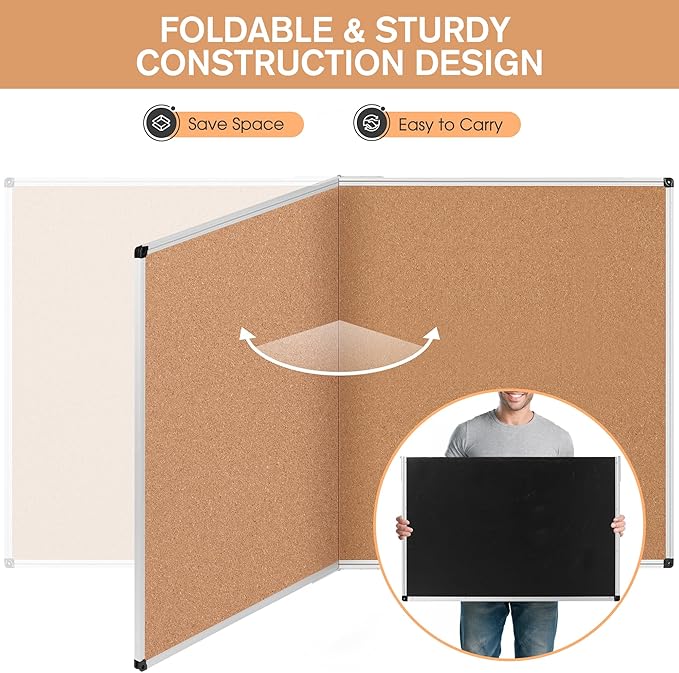Board2by Extra Large Cork Bulletin Board 72" X 48", Foldable Notice Pin Board for Wall, Silver Aluminum Framed 6'x4' Corkboard, Wall Mounted Noticeboard with 36 Push Pins for School, Home & Office-DeskLoop Office