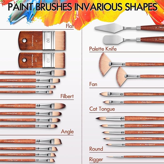26pcs Paint Brush Set, Fuumuui Professional Acrylic Paint Brushes Complete Range of Sizes with Upgraded Short Handle Wide Flat Paintbrush for Acrylic, Oil, Watercolor and Gouache-DeskLoop Office
