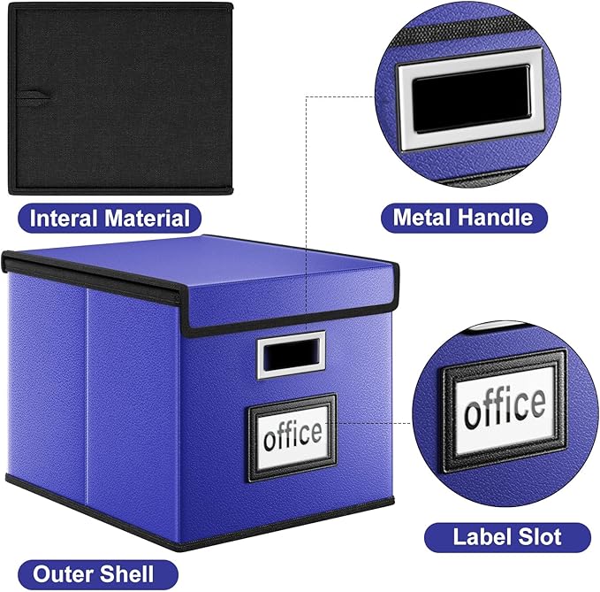 Huolewa File Organizer Box with Lid, Collapsible Leather File Folder Organizer for Office Document Storage, Filing Box with Plastic Slide for Letter/Legal Size Hanging Files,Navy Blue-DeskLoop Office