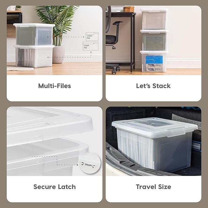 IRIS USA File Box, Plastic File Boxes With Lids, Document Organizer for Letter/Legal File, Document Box, Storage Bin For Hanging Files, Secure Latching Lid Stackable BPA-Free, Clear 35 Qt. 1 Pack-DeskLoop Office