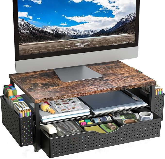 Desk Organizer and Accessories, Computer Monitor Stand Riser with Drawer and 2 Pen Holders, Office Desk Accessories & Workspace Organizers for Office Supplies (Wood)-DeskLoop Office