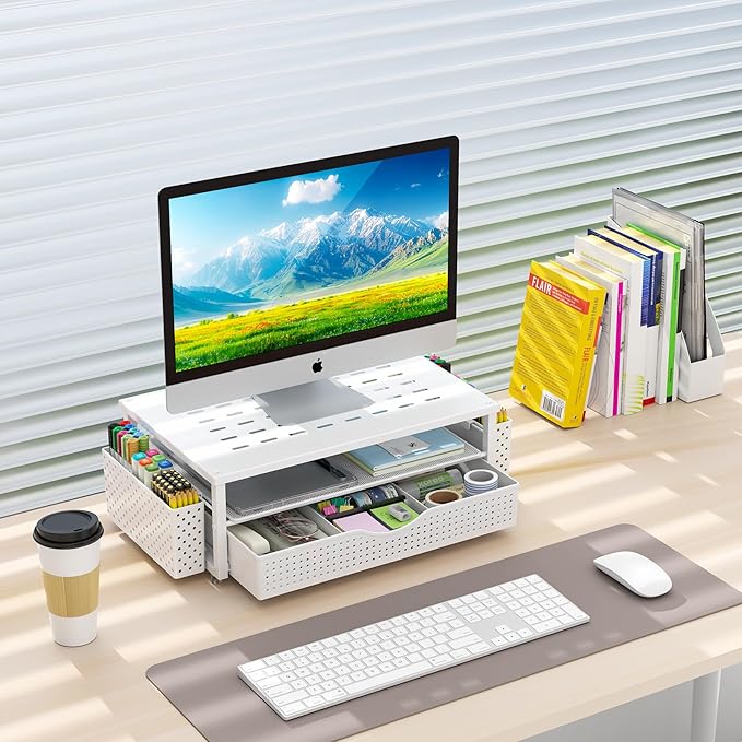gianotter Desk Organizers and Accessories, Monitor Stand with Drawer and 2 Pen Holder, Desktop Organizer Suitable for Offices and Dormitories (White)-DeskLoop Office