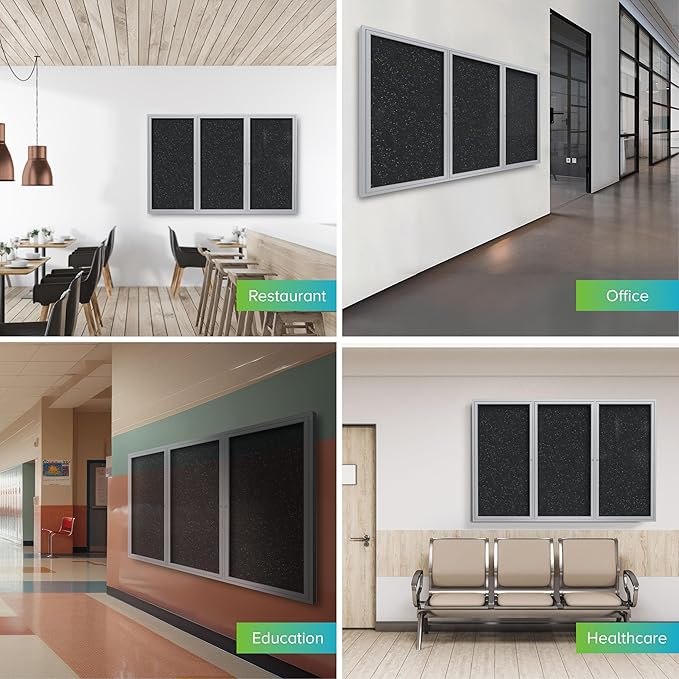 Ghent 48" x 72" 3-Door indoor Enclosed Recycled Rubber Bulletin Board, Shatter Resistant, with Lock, Satin Aluminum Frame,Confetti (PA346TR-CF),Made in the USA-DeskLoop Office