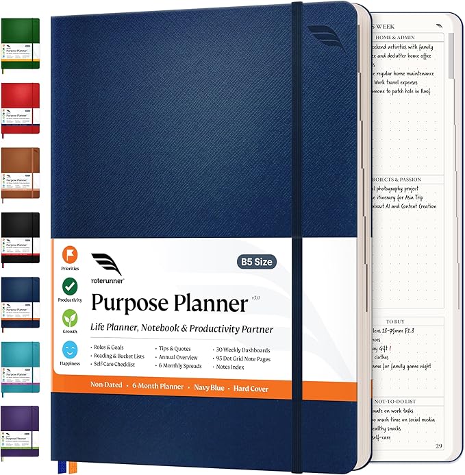 Roterunner Purpose Planner Notebook B5 7.5”x9.8” Undated Planner 2025 Daily Weekly and Monthly Productivity Goal Setting Tool for Work Home ADHD Planner for Adults Self Care Journal-DeskLoop Office