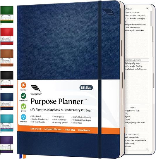 Roterunner Purpose Planner Notebook B5 7.5”x9.8” Undated Planner 2025 Daily Weekly and Monthly Productivity Goal Setting Tool for Work Home ADHD Planner for Adults Self Care Journal-DeskLoop Office