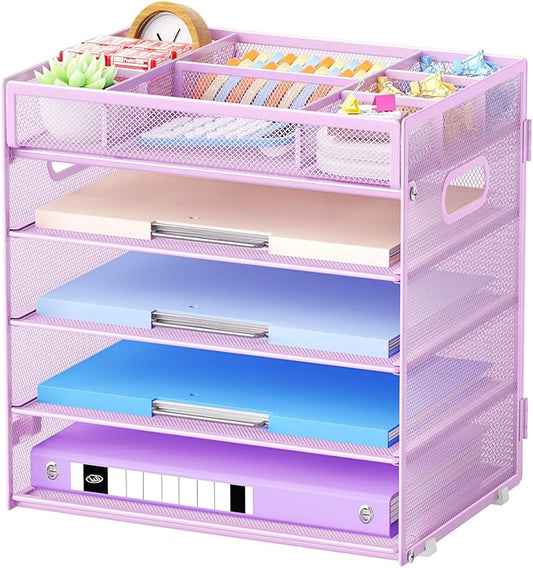 Marbrasse 5-Tier Letter Tray Paper Organizer with Handle, Multi-Functional Mesh File Organizer for Desk, Adjustable Compartments Mesh Desktop Storage for Office Supplies, Purple-DeskLoop Office