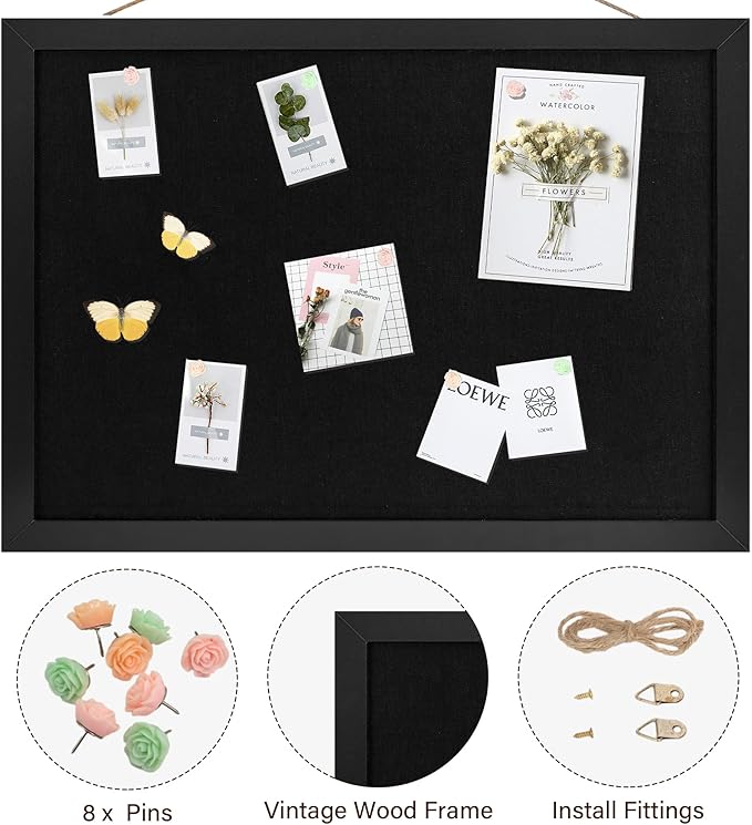Black Cork Board Bulletin Board 16.7" x 11", Small Linen Corkboards with Frame for Walls, Cute Picture Display Pin Board Vision Board for Room School Office Bedroom 8 Pushpins-DeskLoop Office