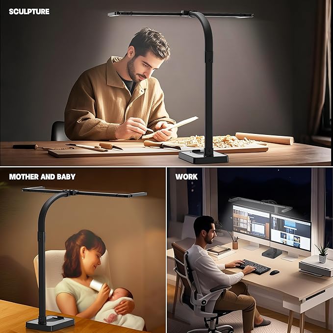 LED Desk Lamp for Home Office - 24W Bright Double Head Desk Light with Clamp Eye Caring Architect Task Light 25 Lighting Modes Adjustable Flexible Gooseneck Lamp (All Black)-DeskLoop Office