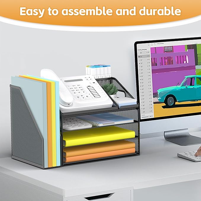 DocNest 4 Tier Paper Letter Tray File Organizer, Mesh Desk File with Handle, Workspace Desk Organizers with Pen Holder, Office Organization Storage Accessories - Black-DeskLoop Office