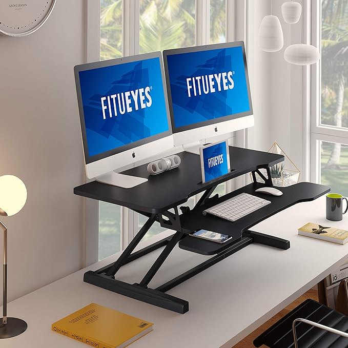 FITUEYES Height Adjustable Standing Desk 36” Wide Sit to Stand Converter Stand Up Desk Tabletop Workstation for Dual Monitor Riser FSD309101WB-DeskLoop Office