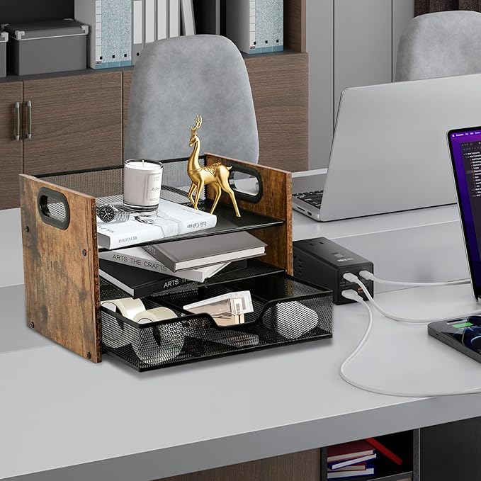 Wood Desk Organizer - 3-Tier Desktop File Organizer with Drawer, Wooden Paper Tray, Office Desk Organzier and Accessories for Papers, Mail, Notebooks, Stationery-DeskLoop Office