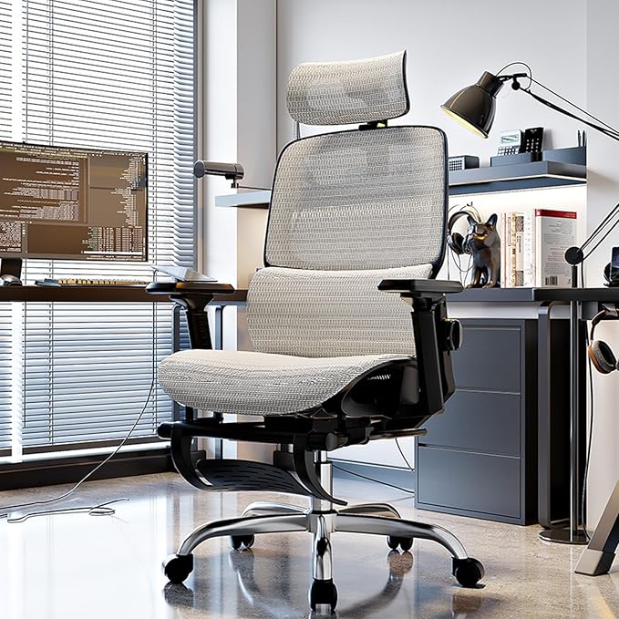 Ergonomic Office Chair, High Back Desk Chairs with Retractable Footrest, Breathable Mesh, Adjustable Headrest, 3D Armrests, Lumbar Support, Tilt Function, Comfy Swivel Computer Gaming Chair-DeskLoop Office