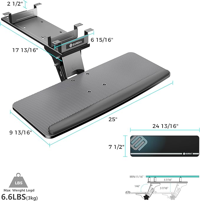 EUREKA ERGONOMIC Keyboard Tray Height Adjustable, Swivel Tilt Computer Keyboard Drawer Under Desk, 25x9.13'' Sliding Keyboard & Mouse Platform with Mouse Pad for Typing, Black-DeskLoop Office