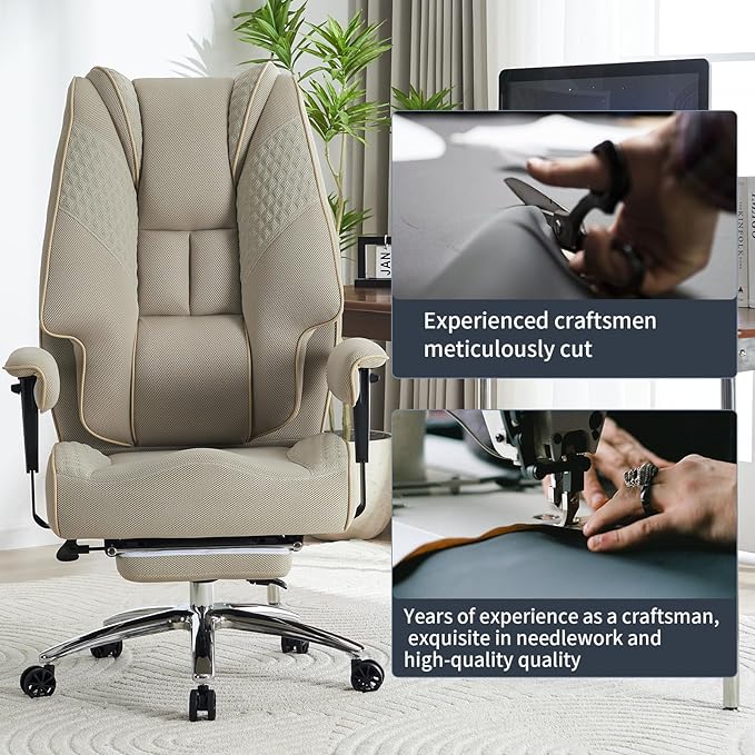 Big and Tall Office Chair 400lbs Wide Seat, Leather High Back Executive Office Chair with Foot Rest, Ergonomic Chairs Lumbar Support for Lower Back Pain Relief (Mesh Dark Beige)-DeskLoop Office