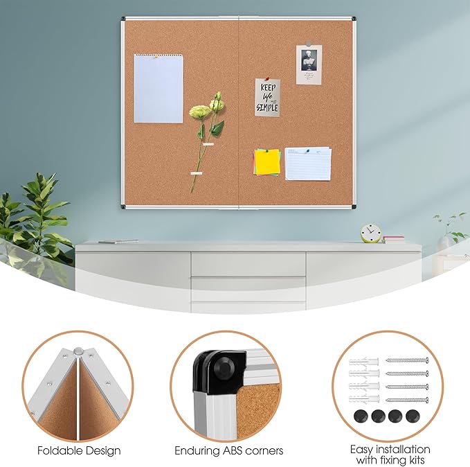 Board2by Extra Large Cork Bulletin Board 48" X 48", Foldable Notice Pin Board for Wall, Silver Aluminum Framed 4'x4' Corkboard, Wall Mounted Noticeboard with 36 Push Pins for School, Home & Office-DeskLoop Office