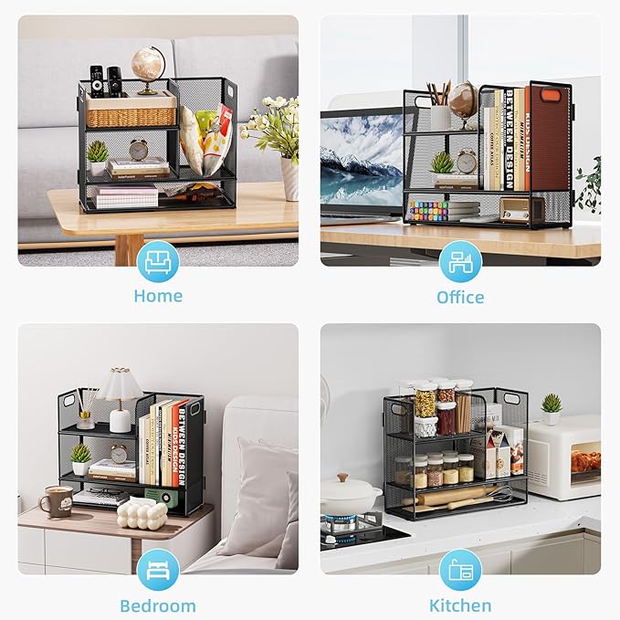 Marbrasse 2-Tier Desk Shelf Organizer with Handle, Desktop Bookshelf File Holder, Mesh Display Shelf Organizer Storage Rack for Office, Home, Supplies, Kitchen (Black)-DeskLoop Office