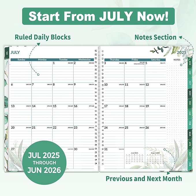 SUNEE 2025-2026 Appointment Book, Quarter-Hourly, Weekly & Monthly - from July 2025 to June 2026, 8.5"x11" Academic Planner, Flexible Cover, Note Pages, Bookmark, Spiral Binding, Leaves-DeskLoop Office