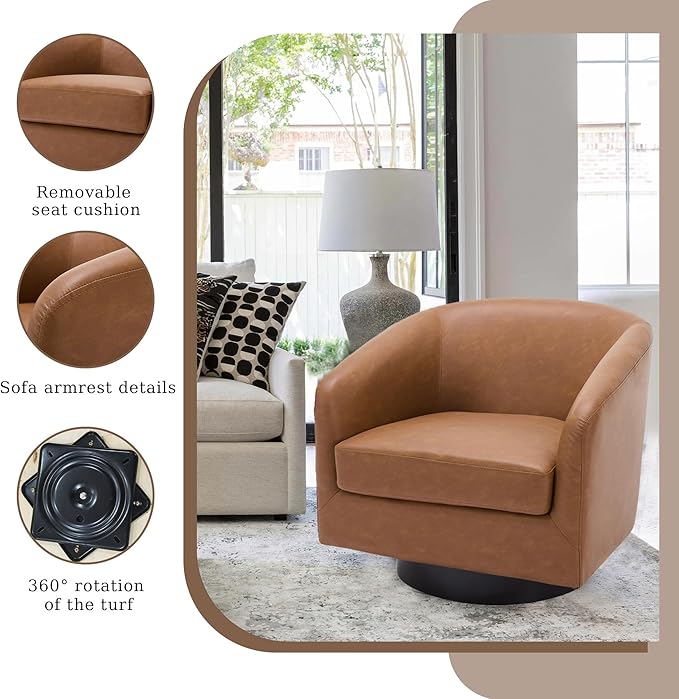 UIXE Faux Leather Swivel Accent Chairs Set of 2, Modern Upholstered Barrel Chairs for Living Room, Comfy Round Armchair Single Sofa Bedroom Reading Seat - 31" W, Brown-DeskLoop Office