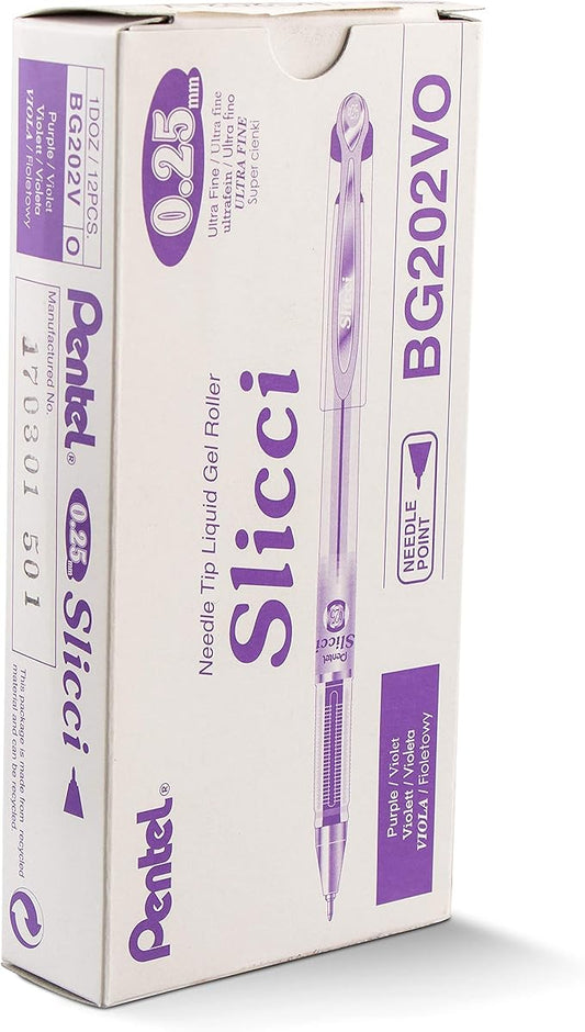 Pentel Arts Slicci 0.25 mm Extra Fine Gel Pen, Violet Ink, Box of 12 (BG202-V)-DeskLoop Office
