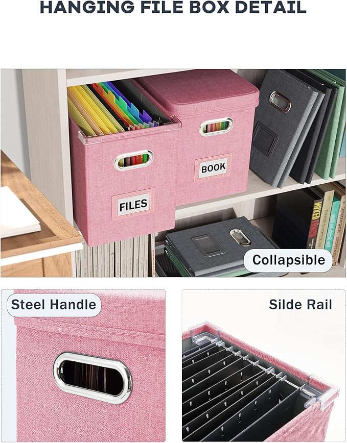 Oterri File Organizer With Lid, Hanging Filing Box With Mesh Pocket, Document Organizer for Letter Files, Portable Storage With Smooth Sliding Rail for Office & Home (2 PCS, Pink)-DeskLoop Office