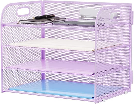 Marbrasse 4 Tier Paper Organizer Letter Tray - Mesh Desk File Organizer with Handle, Paper Sorter Organizer for Letter/A4 Office File Folder Holder (Purple, 12.6" x 9.1" x 10.7")-DeskLoop Office